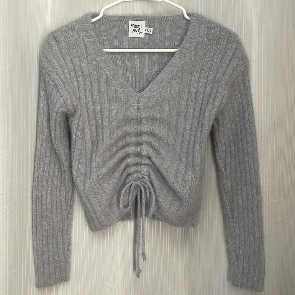 Princess Polly Gray Ribbed V-Neck Drawstring Sweater